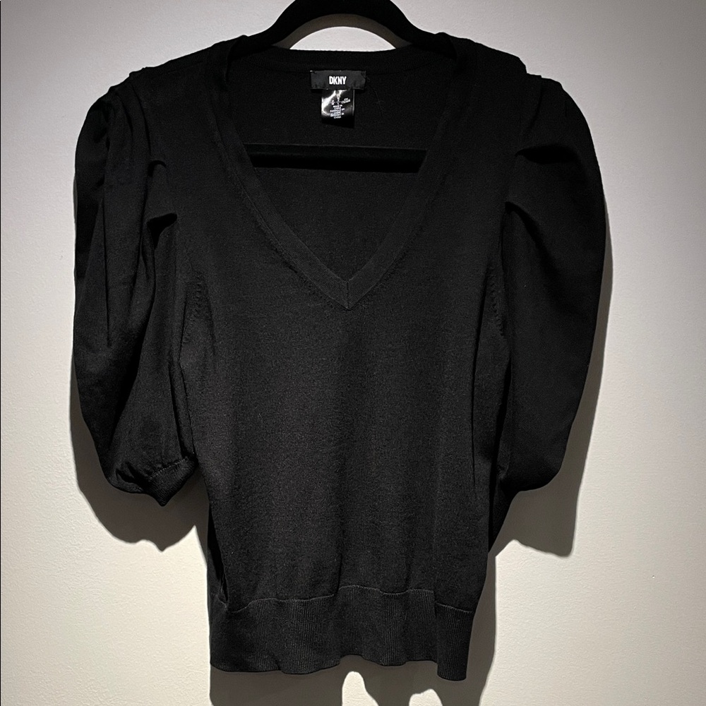 DKNY Black V-Neck Puff Sleeve Pullover Sweater